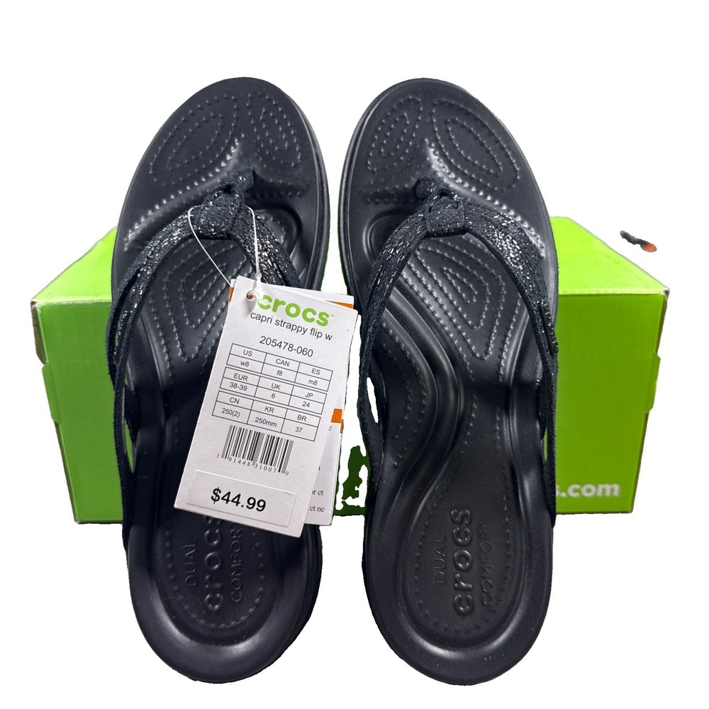 Crocs Flip Flop Women's 8 Black Shimmer Sandals Capri Strappy 205478-060 NWT